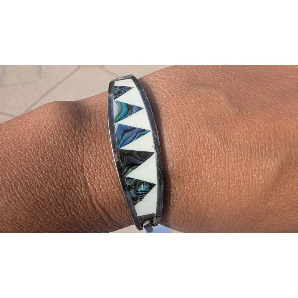 Vtg Mexican Bracelet Alpaca Silver Cuff Abalone & mother pearl inlay handmade
